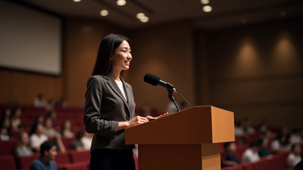 Young woman speaking at a university auditorium podium