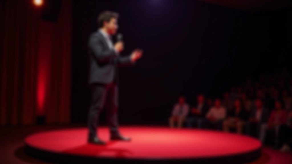 A young professional delivering a TED-style talk on stage