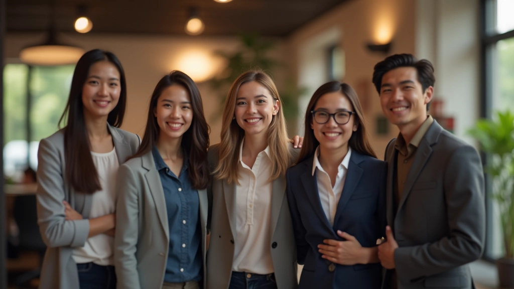 Group of young professionals in a supportive team setting, smiling and engaged in discussion, positive collaborative environment