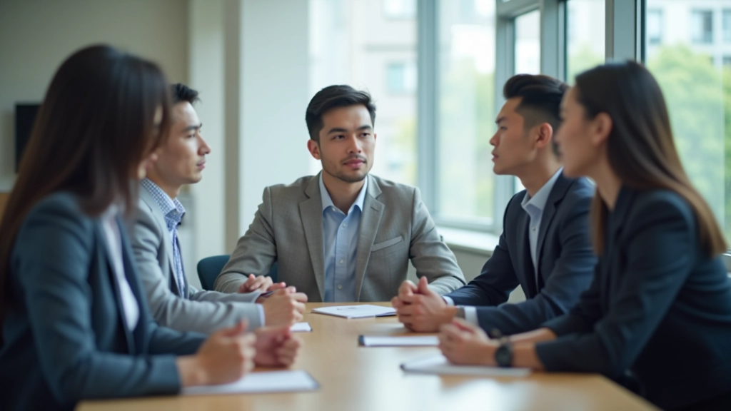 Group of diverse young professionals discussing ideas around a table with thoughtful expressions