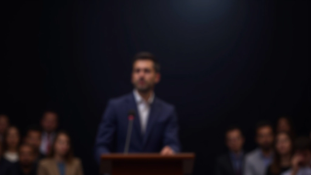 Professional speaker at podium engaging audience with confident opening remarks and clear focus