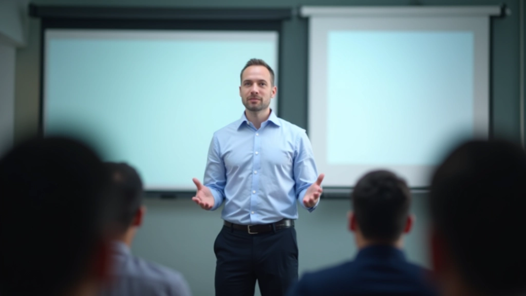 Person gesturing while presenting slides in a well-lit meeting room with colleagues listening