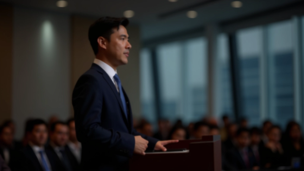 Professional presenter standing confidently at podium with audience visible in background, engaged facial expression