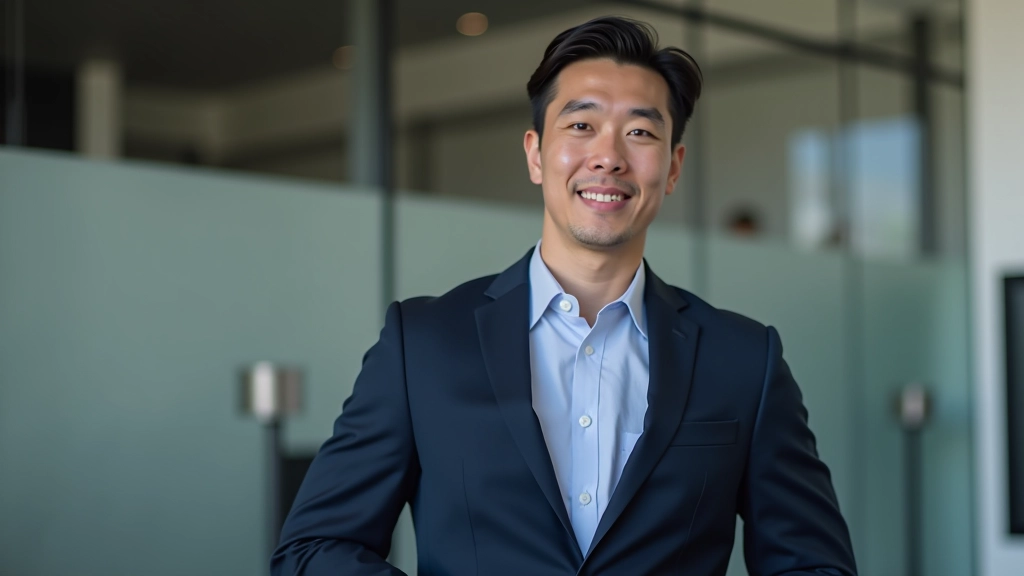 Man standing with confident upright posture, shoulders back, in professional business setting with proper weight distribution