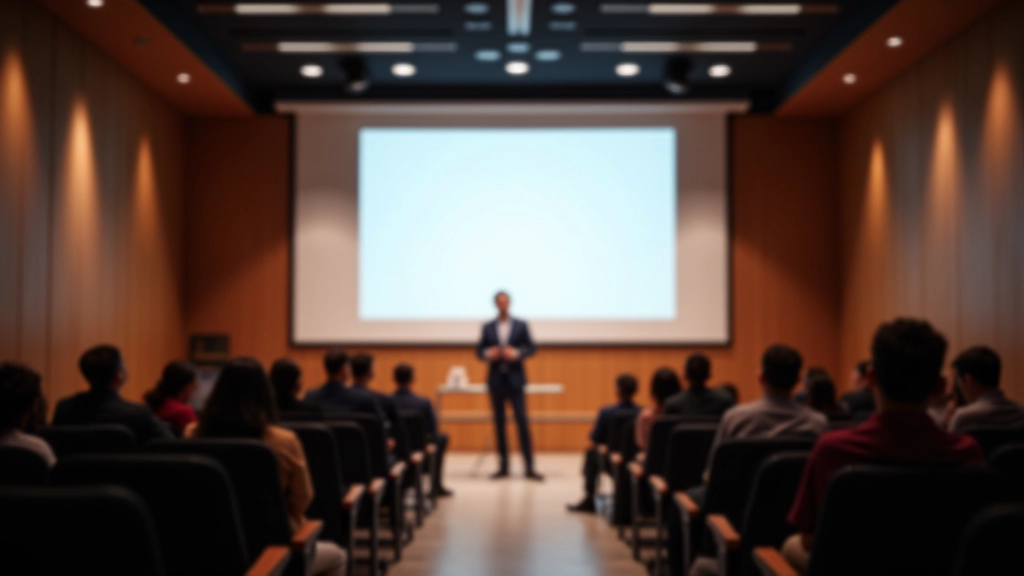 Professional speaking environment with modern presentation setup and audience seating