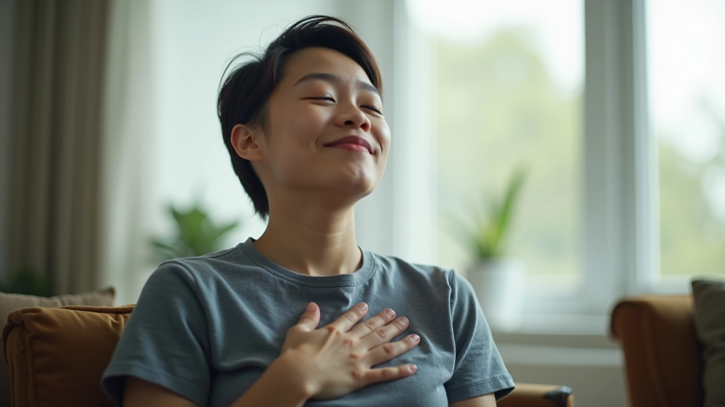 Person sitting calmly in a quiet space with eyes closed, practicing breathing exercises, soft natural lighting from window, peaceful expression