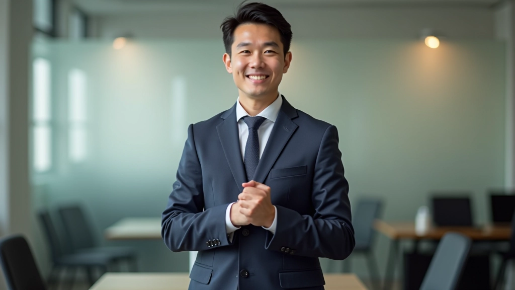 Person standing in confident power pose with hands on hips, shoulders back, positive body language, bright indoor space, professional confidence