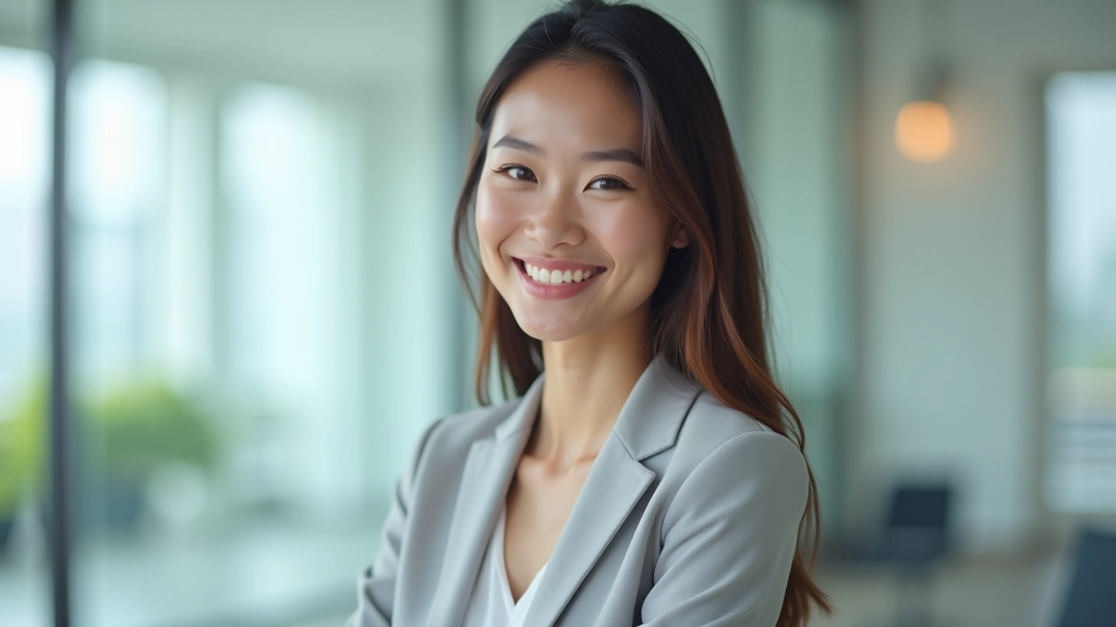 Woman in professional setting with open body language, maintaining friendly facial expression and relaxed shoulders while communicating