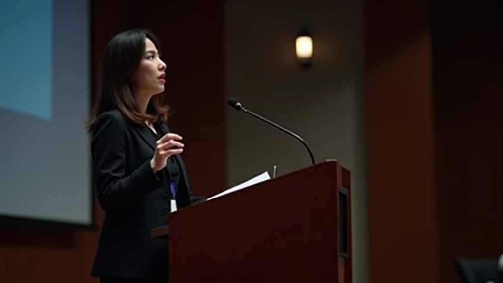 Person speaking to audience with relaxed confident posture, making hand gestures while presenting information
