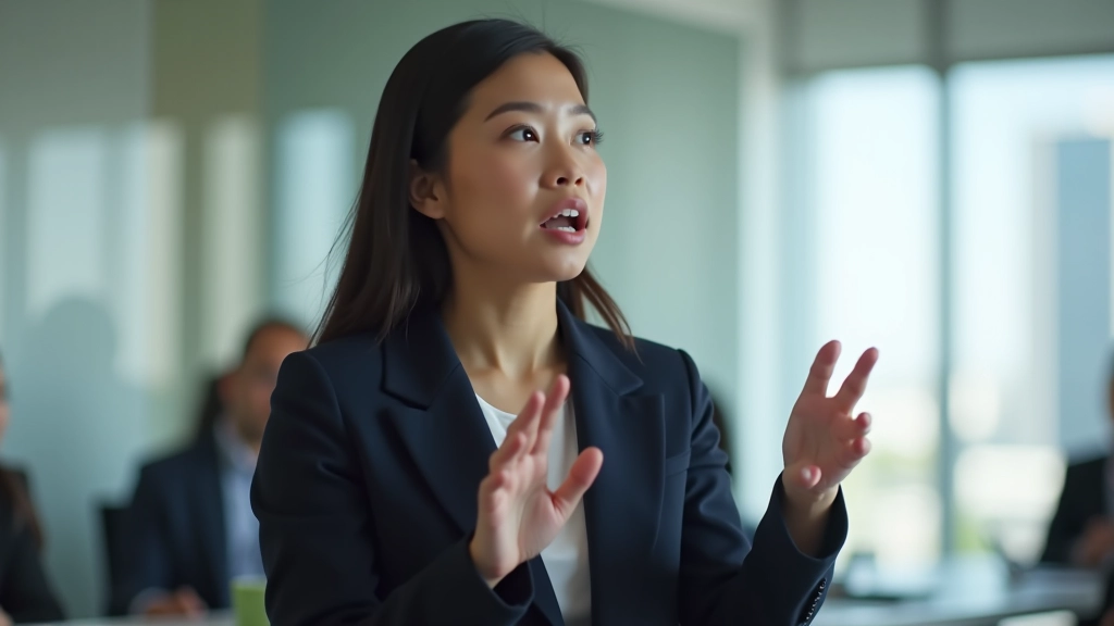 Woman making expressive hand gestures while speaking to an audience, demonstrating purposeful movement and engagement