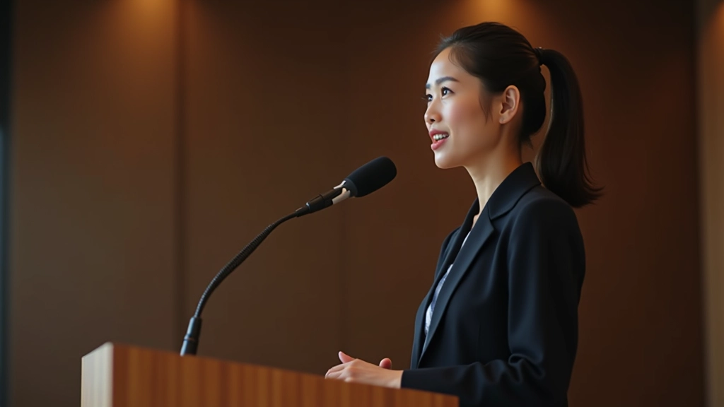 Young professional speaker presenting with confidence to engaged audience members